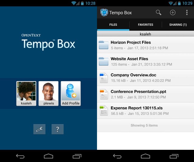 Screenshots of OpenText Tempo Box for Android