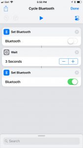 The new Shortcuts app has actions to turn Bluetooth on or off. This Shortcut turns it off, waits 3 seconds, then turns it off.