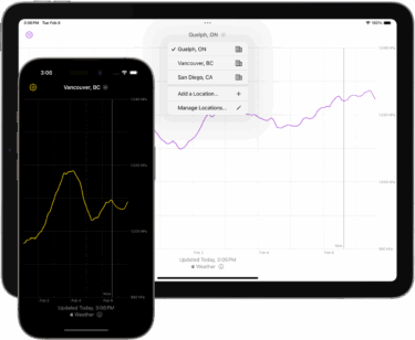 The Millibars app, showing a barometric pressure graph, running on an iPhone and an iPad